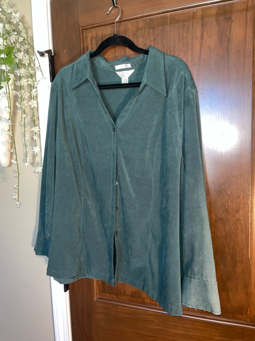 CJ Banks Teal Green Suede-Like Button Front Top